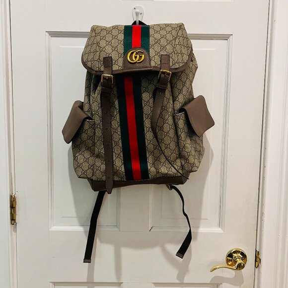 Gucci GG Supreme Monogram Medium Ophidia Double Buckle Backpack Brown - Picture 1 of 16